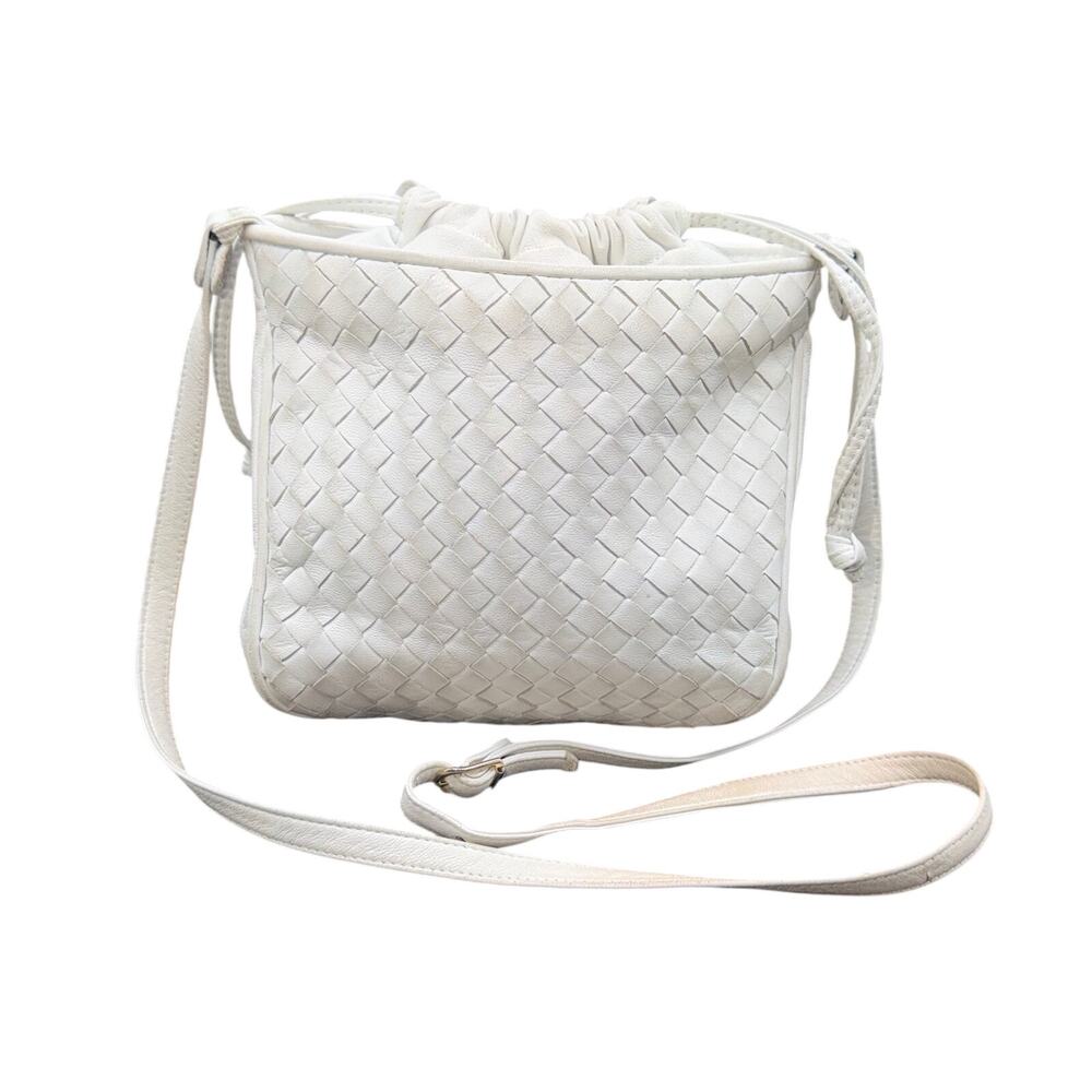 Meyers USA Cream Woven Leather Crossbody Bag Drawstring Ivory Purse vintage